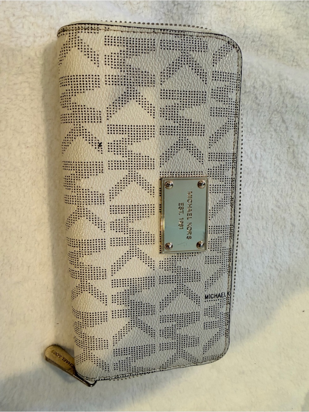 Michael Kors Beige and White Logo Zip-Around Wallet